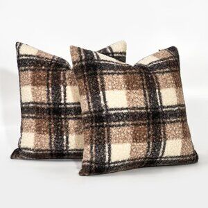 Cozy Sherpa Pillow Covers 18x18 Buffalo Plaid Brown Set